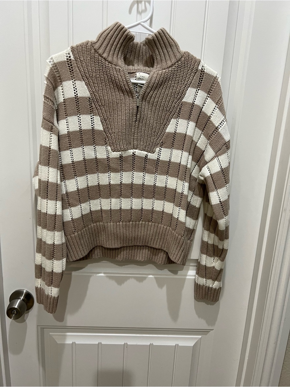 a new day Taupe and Cream Striped Half-Zip Mock Neck Sweater